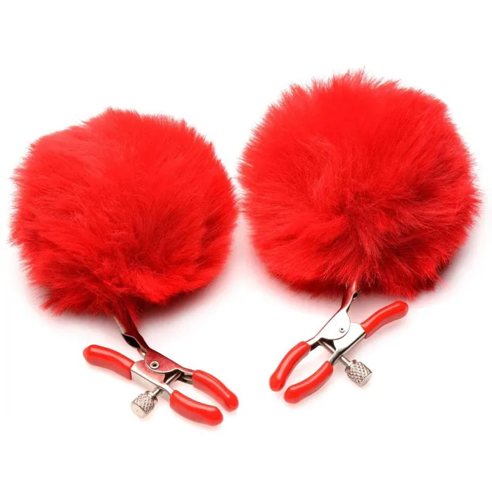 Vibrators XR Brands Charmed Pom Pom Nipple Clamps Red Vibrators XR Brands Charmed Pom Pom Nipple Clamps Red